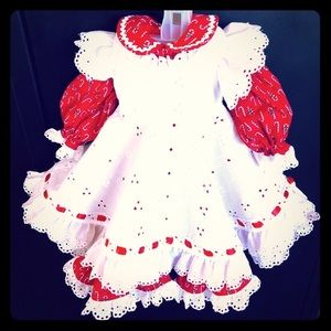 2pc Cotton Doll Candy, cane, print dress Eyelet pinafore Ribbon, trim and lace